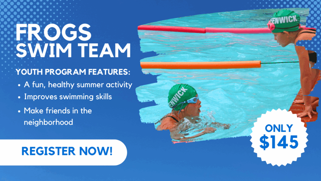 Frogs Swim team $145, two young swimmers with one in water and one at edge.